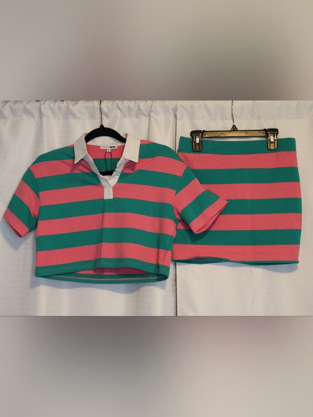 NWT Fashion Nova Pink & Green Striped 2pc Crop Top & Mini Skirt Set